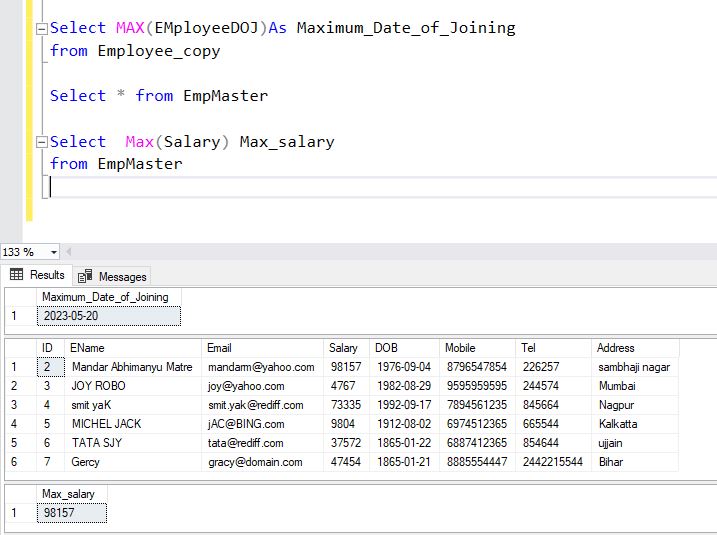 MAX Aggregate function in sql server